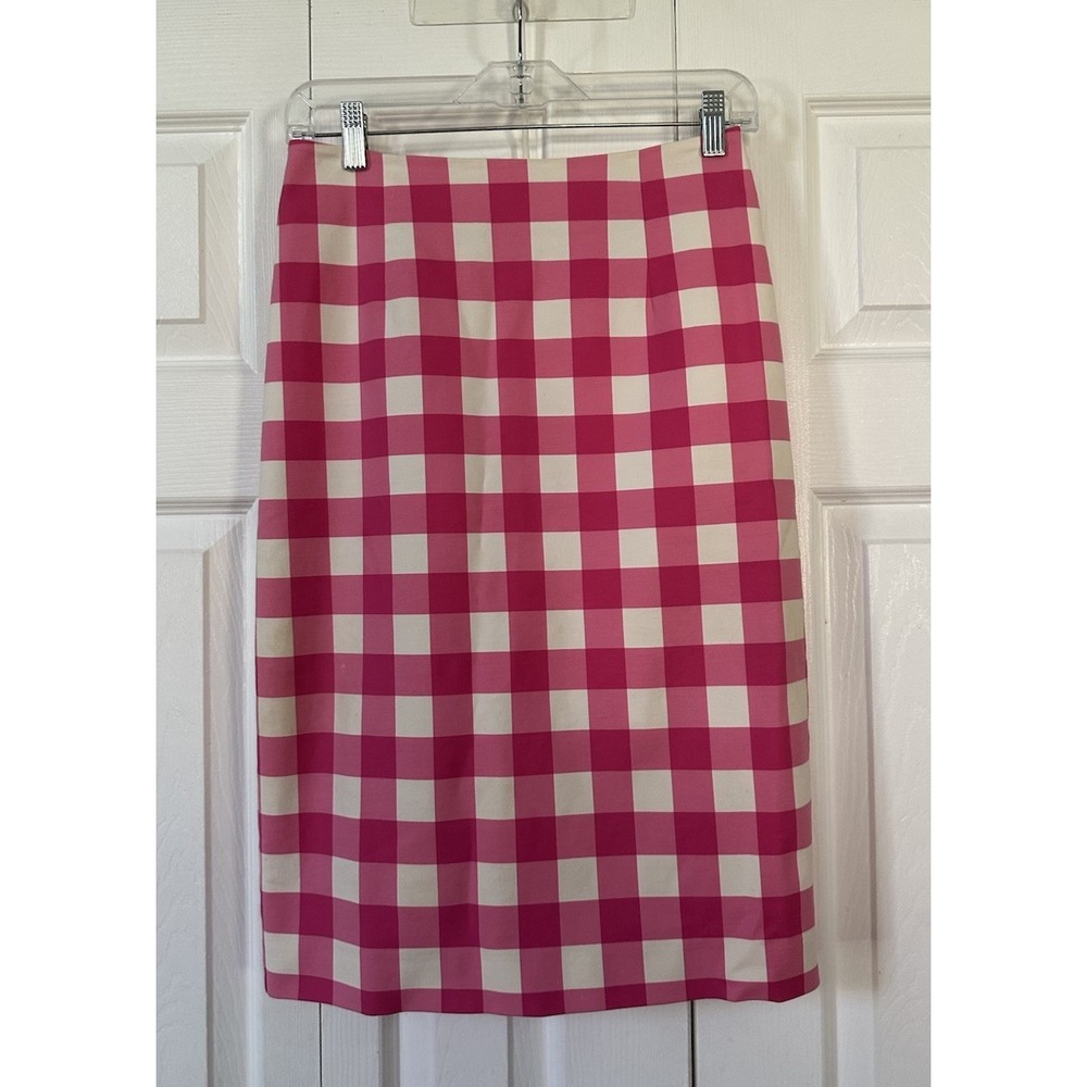 Boden Gingham Pencil Skirt Womens 6R Pink White Check Cotton Stretch Knee Length